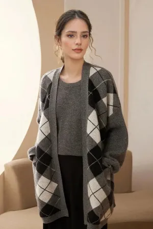 100 Cashmere Chunky Argyle Open-Front Coatigan