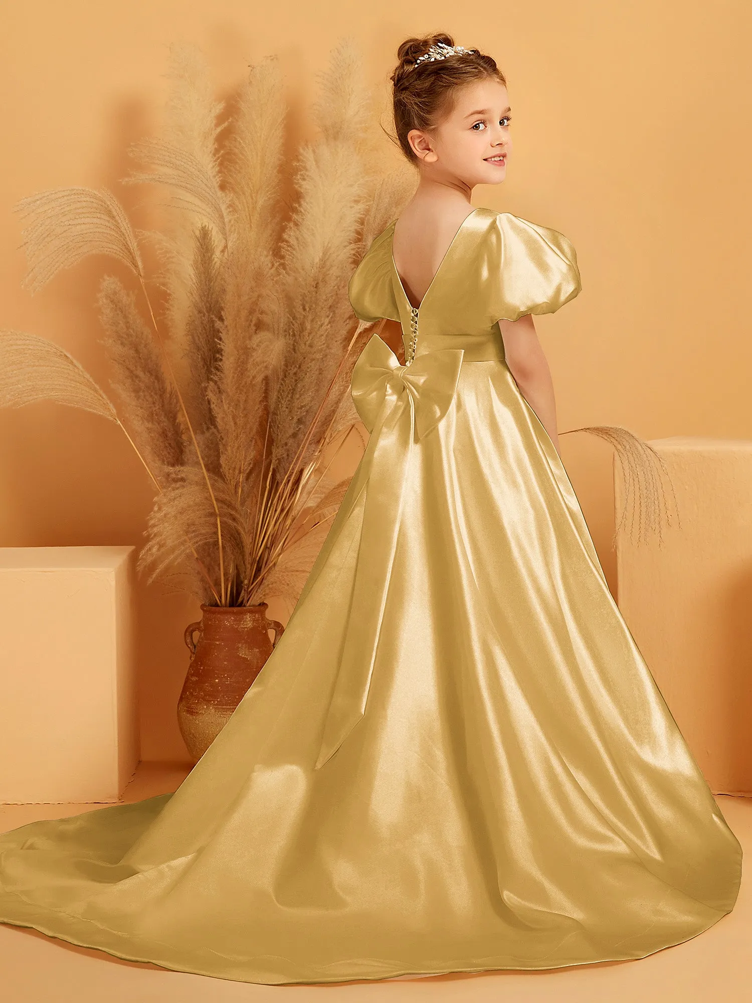 A-Line Pleated Satin Flower Girl Dress Gold