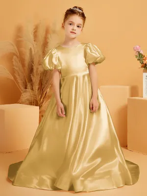 A-Line Pleated Satin Flower Girl Dress Gold