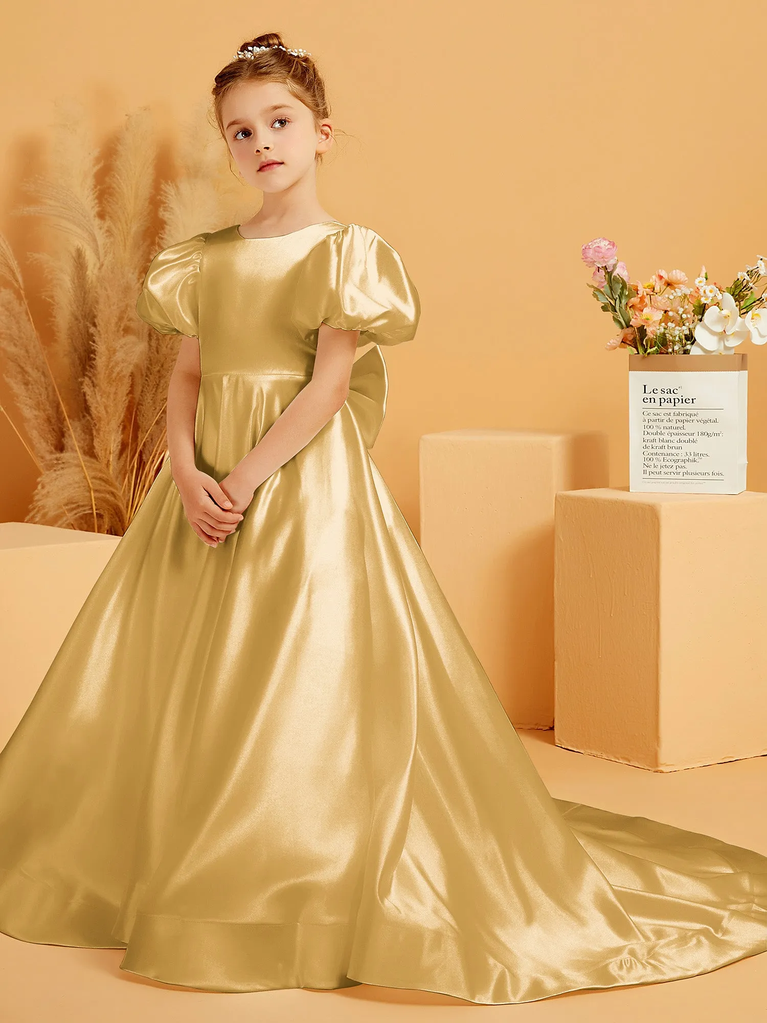 A-Line Pleated Satin Flower Girl Dress Gold