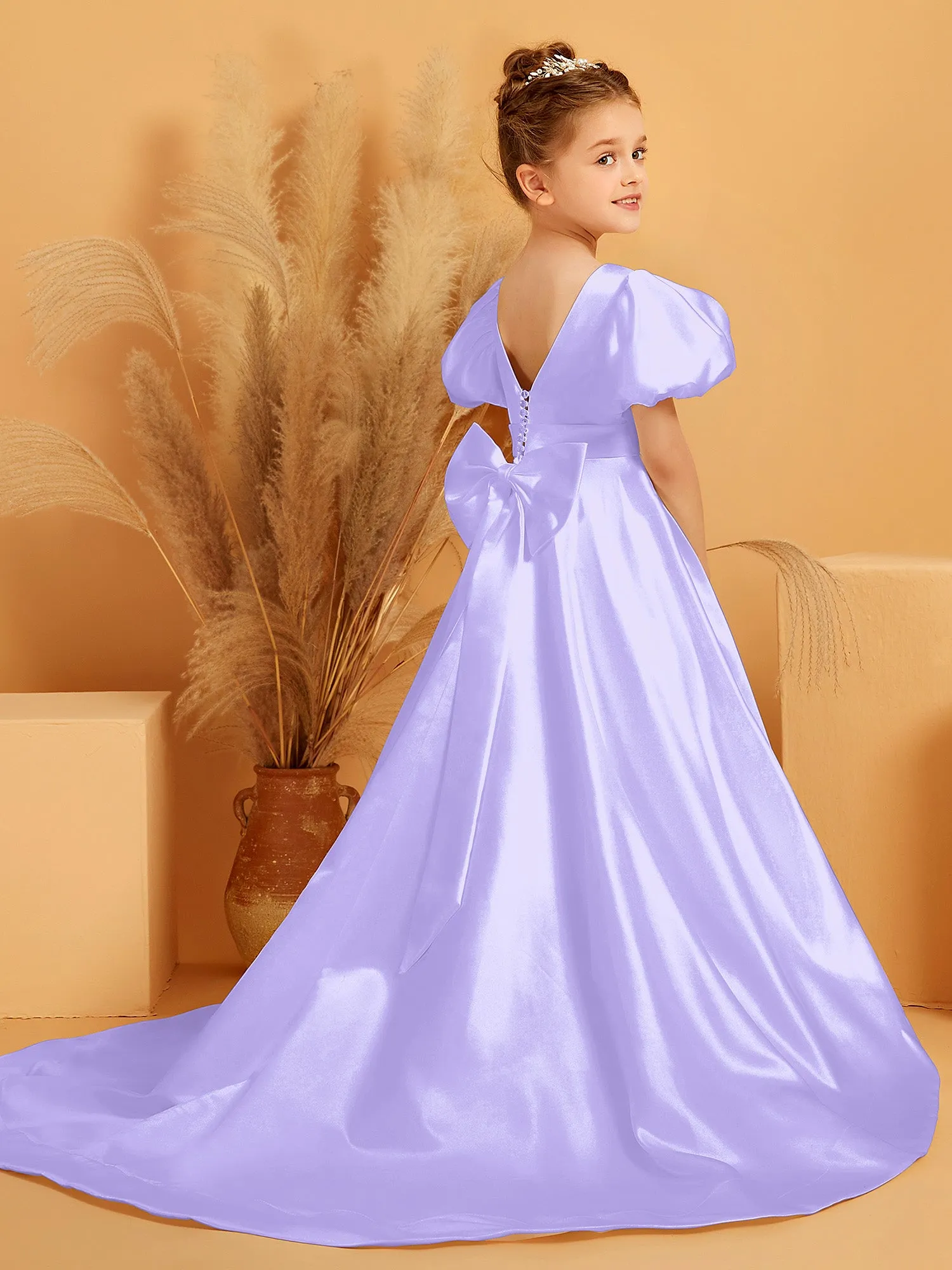 A-Line Pleated Satin Flower Girl Dress Lilac