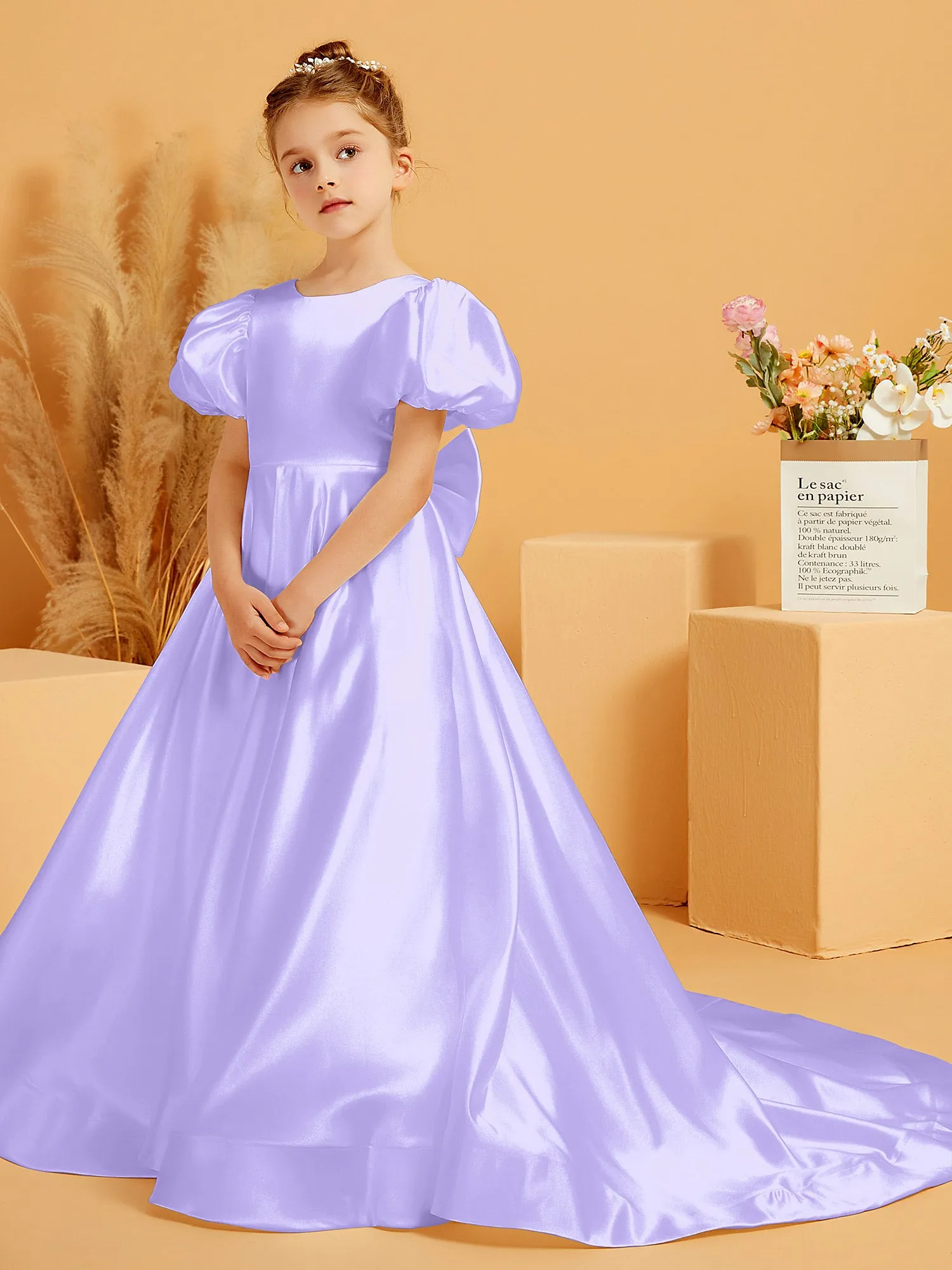 A-Line Pleated Satin Flower Girl Dress Lilac