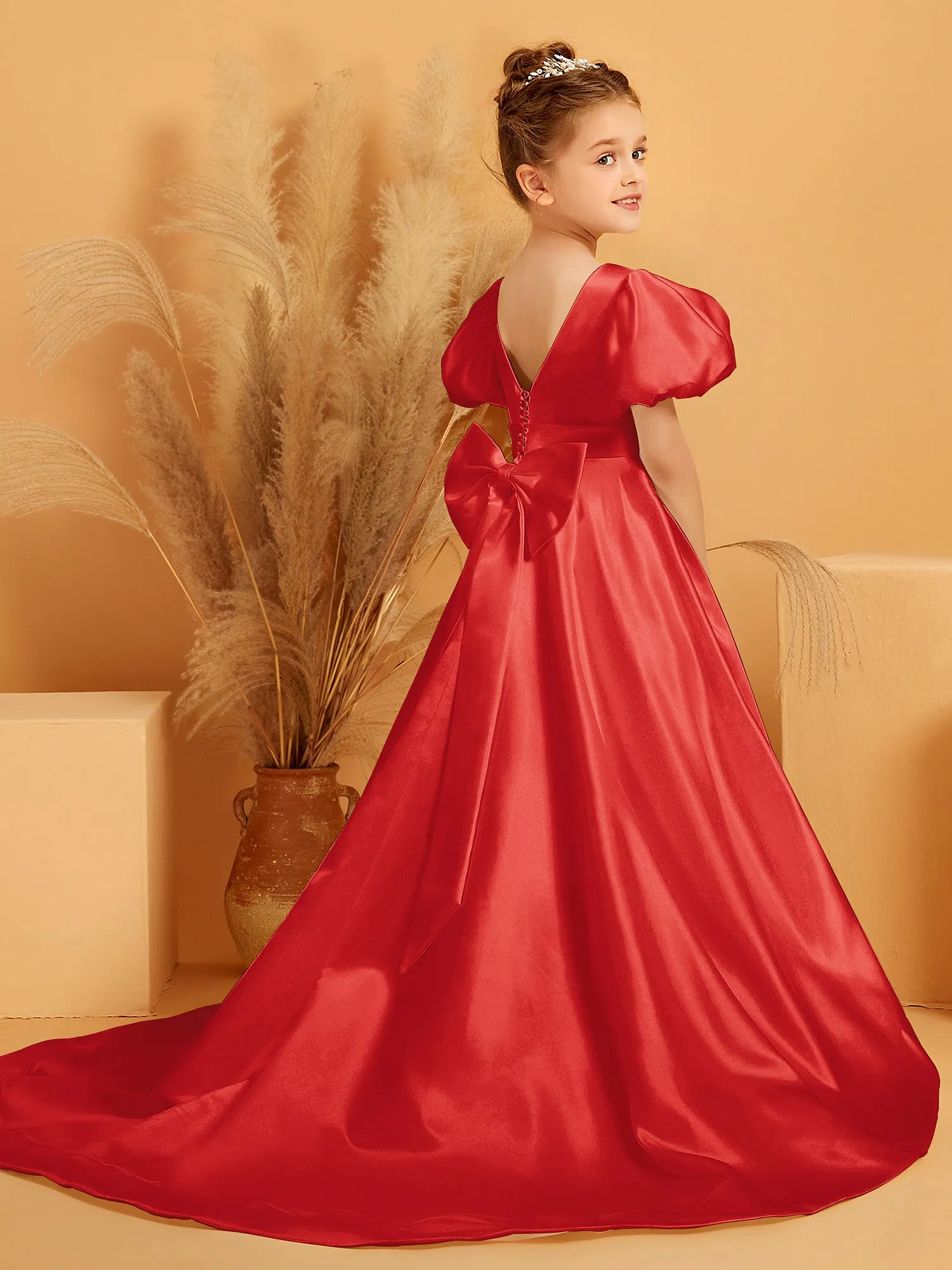 A-Line Pleated Satin Flower Girl Dress Red