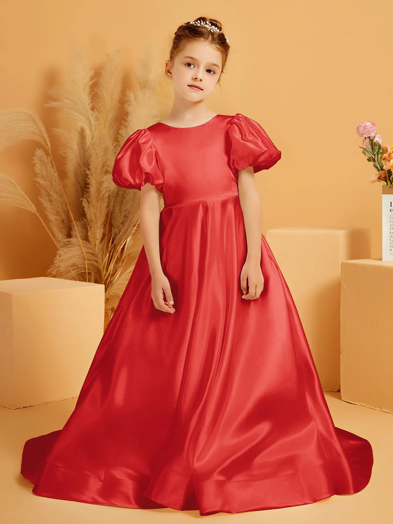 A-Line Pleated Satin Flower Girl Dress Red