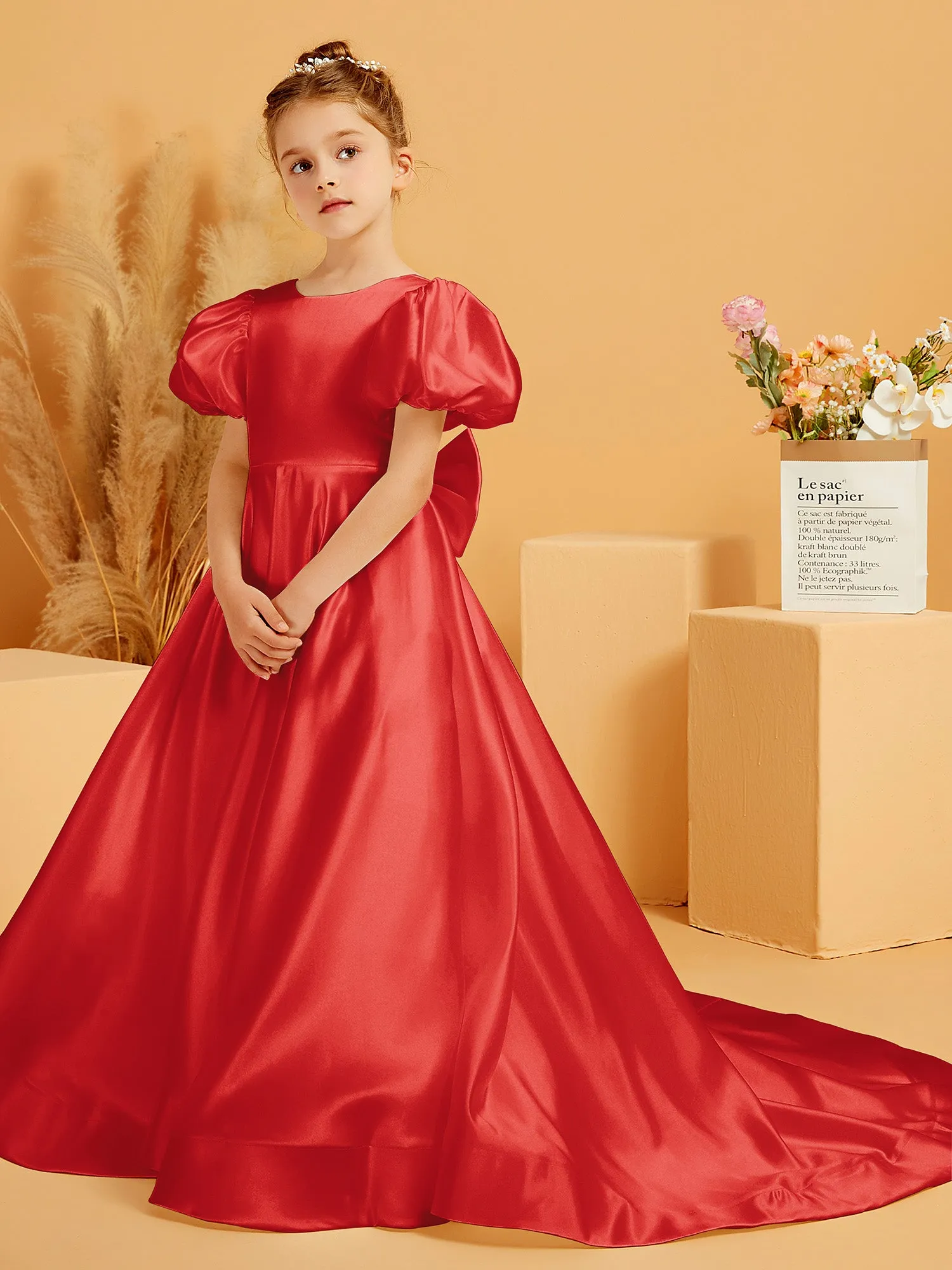 A-Line Pleated Satin Flower Girl Dress Red