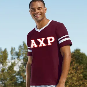 Alpha Chi Rho V-Neck Jersey with Striped Sleeves - 360 - TWILL