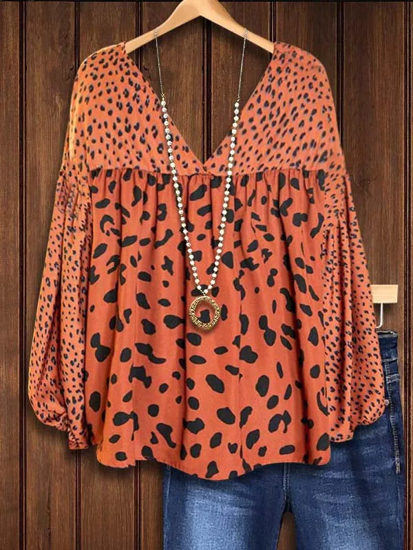 Animal Print Patchwork Puff Sleeve Blouse