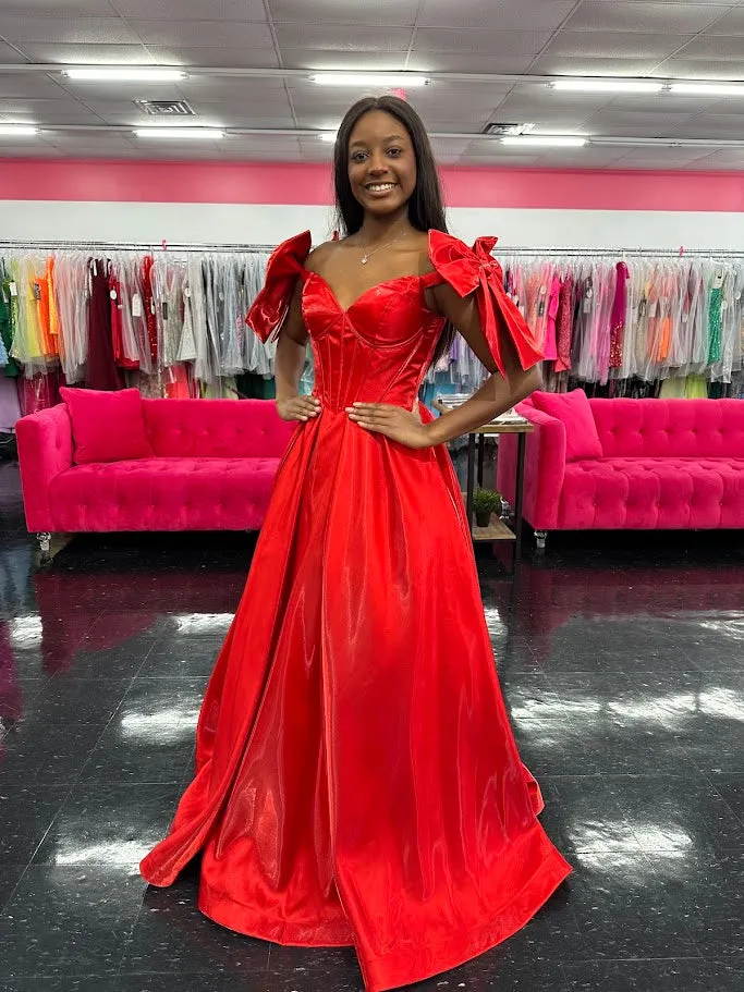 Ashley Lauren 11871 Size 6,12,14 Hot Pink Long Bow off the shoulder Dress Corset A Line Pageant Gown Pockets