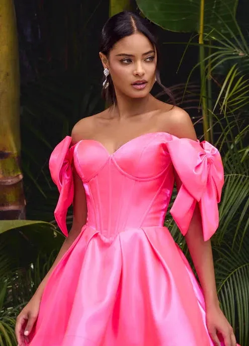 Ashley Lauren 11871 Size 6,12,14 Hot Pink Long Bow off the shoulder Dress Corset A Line Pageant Gown Pockets