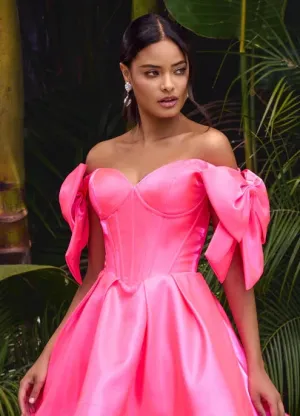 Ashley Lauren 11871 Size 6,12,14 Hot Pink Long Bow off the shoulder Dress Corset A Line Pageant Gown Pockets