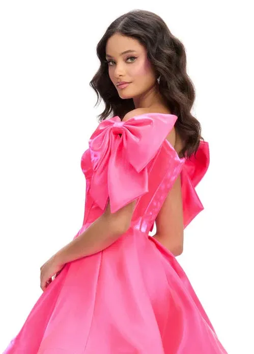 Ashley Lauren 11871 Size 6,12,14 Hot Pink Long Bow off the shoulder Dress Corset A Line Pageant Gown Pockets