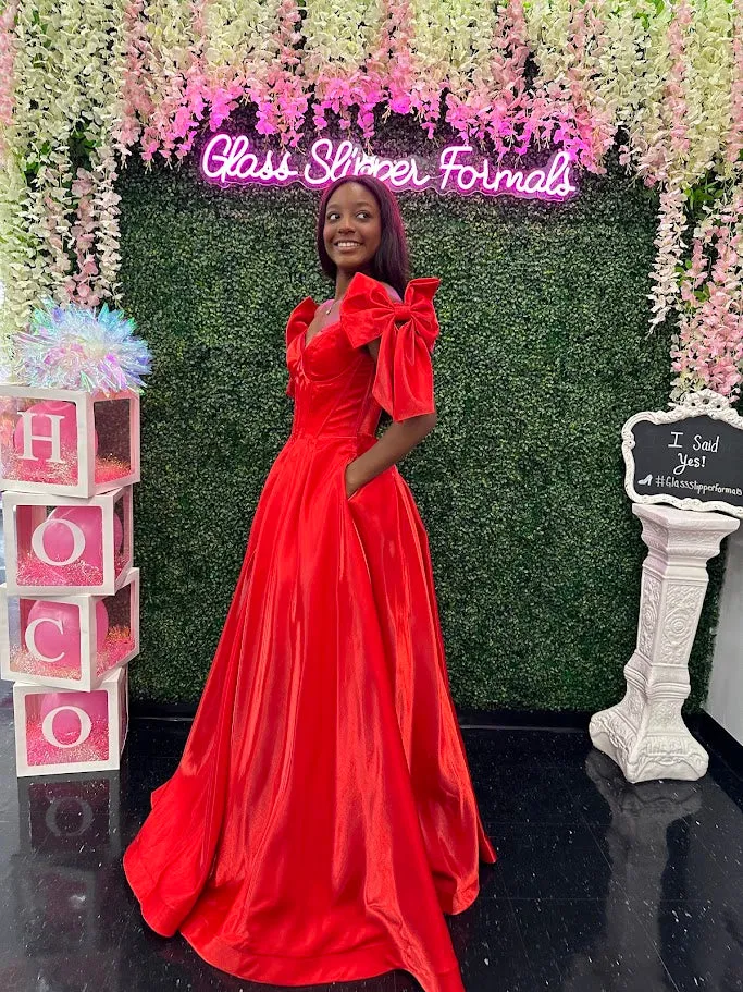 Ashley Lauren 11871 Size 6,12,14 Hot Pink Long Bow off the shoulder Dress Corset A Line Pageant Gown Pockets