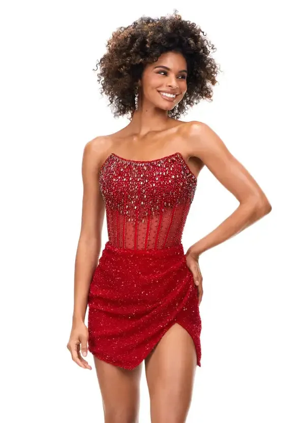 Ashley Lauren 4564 Size 14 Periwinkle Beaded Cocktail Dress with Exposed Boning Sheer Short Wrap Skirt