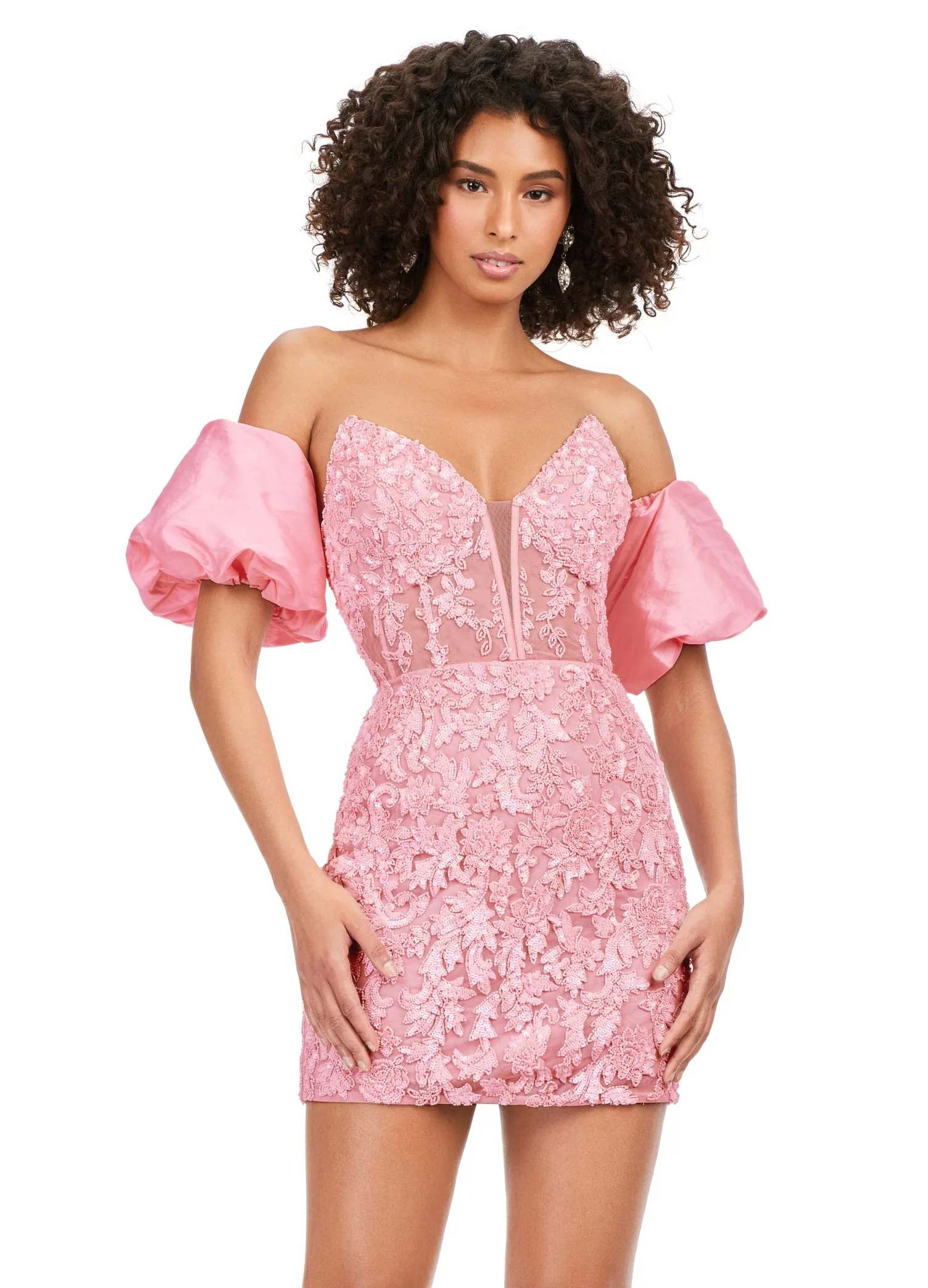 Ashley Lauren 4614 Strapless Beaded A-Line Fitted Detachable Puff Sleeves Cocktail Homecoming Dress
