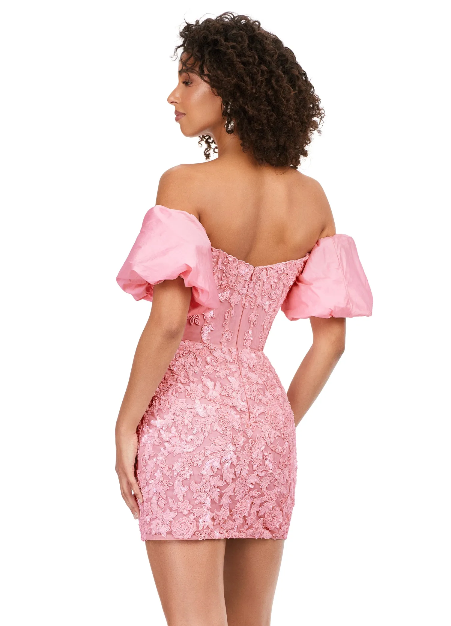 Ashley Lauren 4614 Strapless Beaded A-Line Fitted Detachable Puff Sleeves Cocktail Homecoming Dress