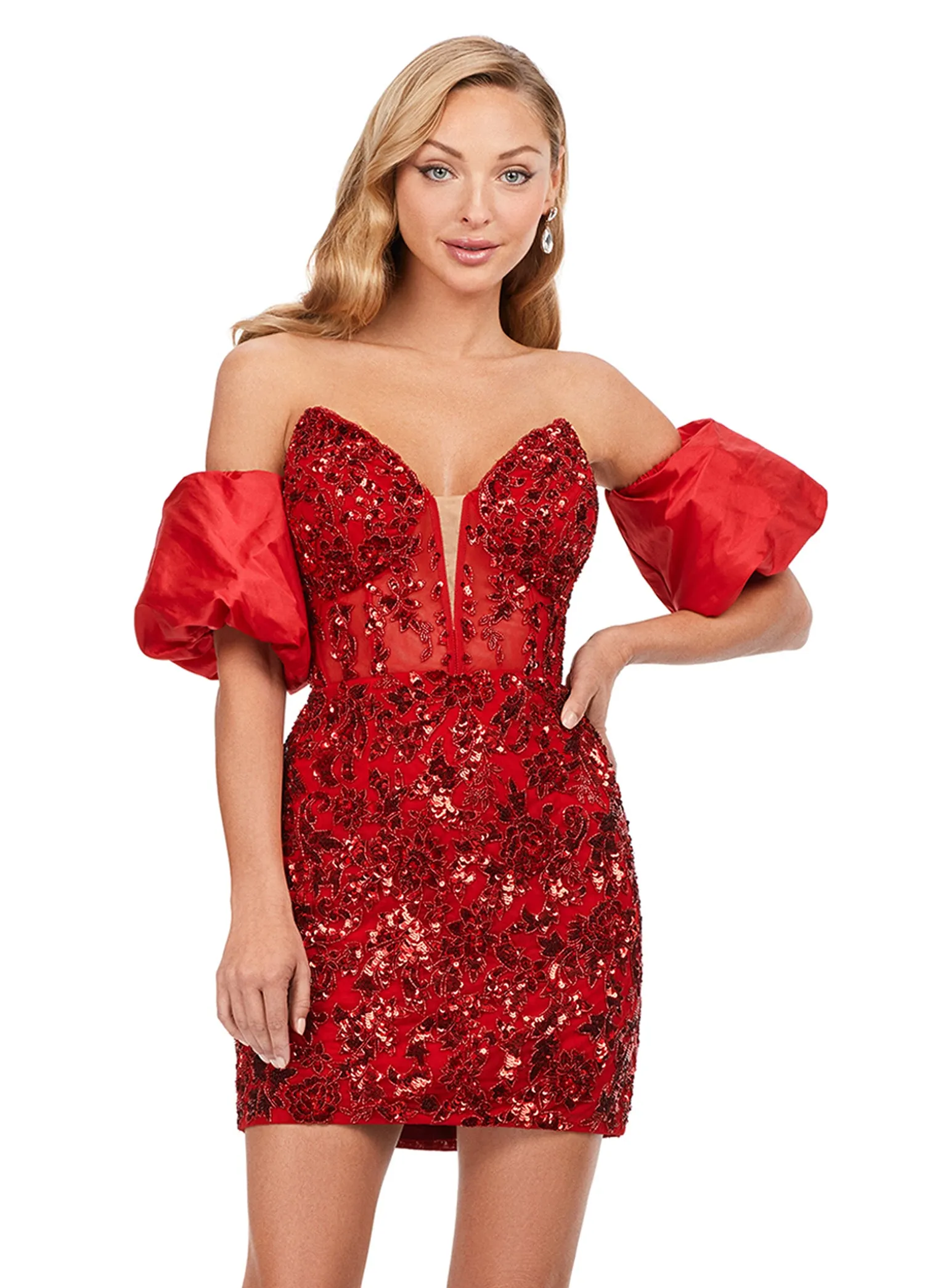 Ashley Lauren 4614 Strapless Beaded A-Line Fitted Detachable Puff Sleeves Cocktail Homecoming Dress