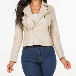 Asymmetric Faux Leather Jacket in Beige