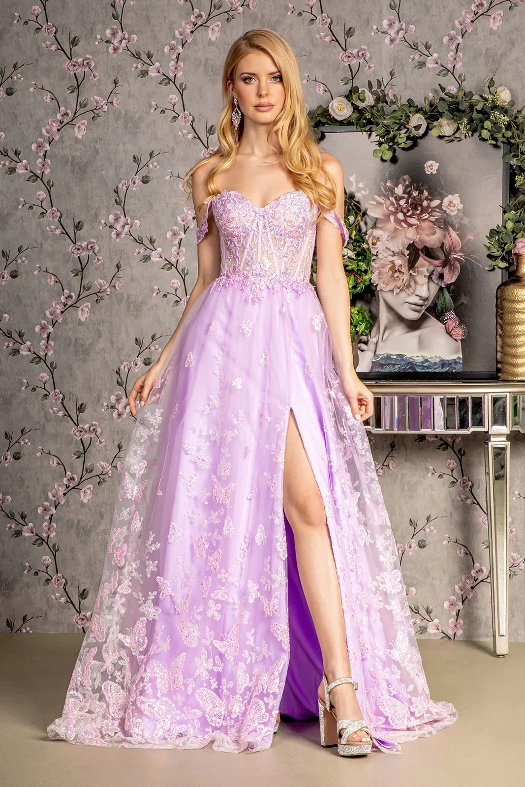 Bead Strapless Mesh A-line Long Dress Detachable Sleeves GLGL3206