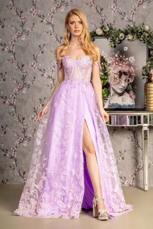 Bead Strapless Mesh A-line Long Dress Detachable Sleeves GLGL3206