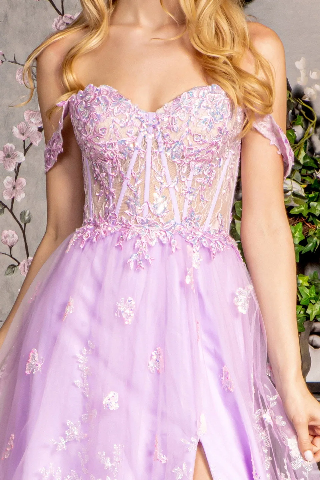 Bead Strapless Mesh A-line Long Dress Detachable Sleeves GLGL3206
