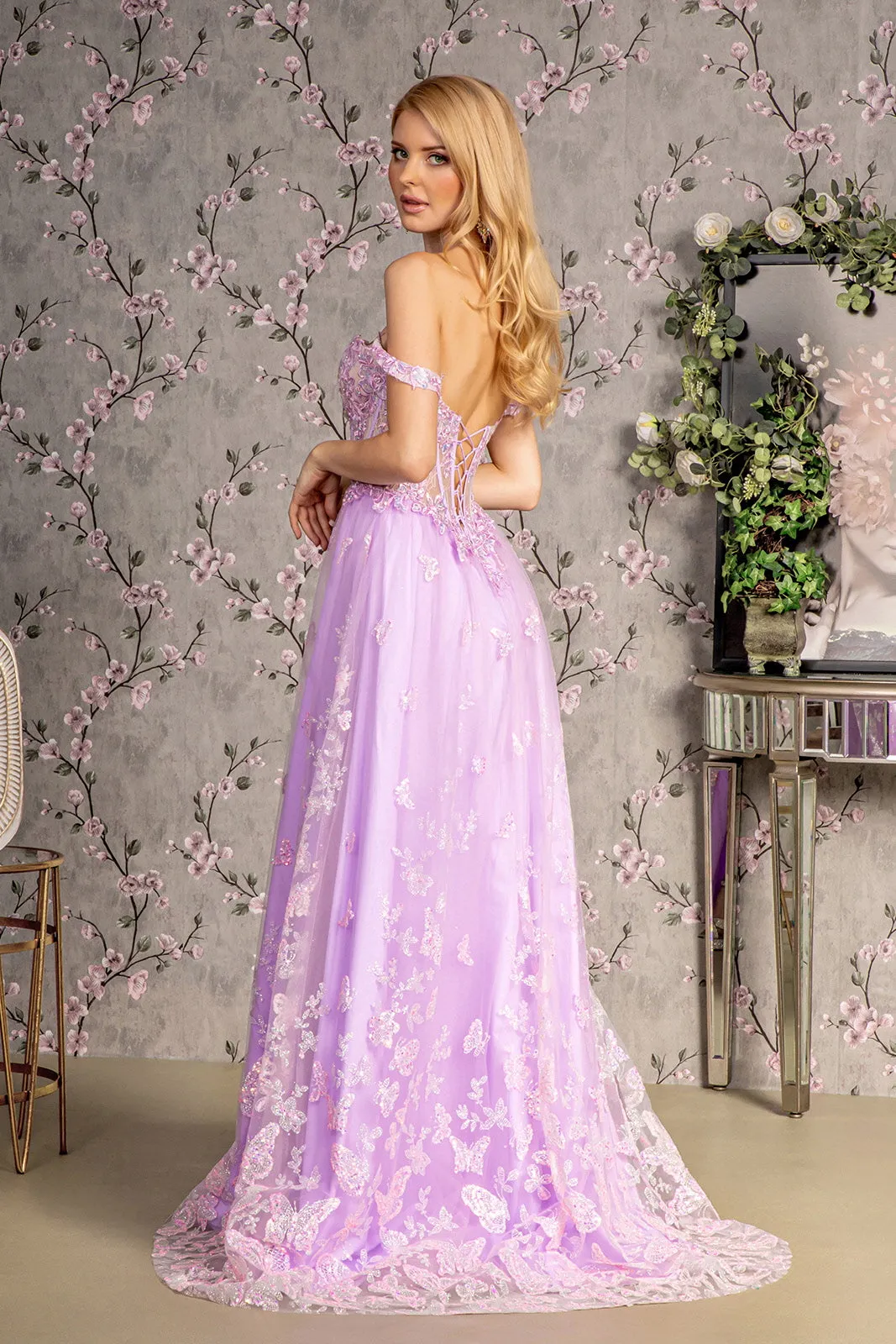 Bead Strapless Mesh A-line Long Dress Detachable Sleeves GLGL3206