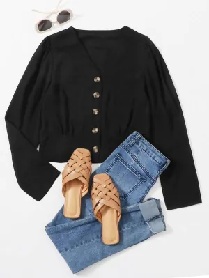 Button Front V-neck Solid Blouse