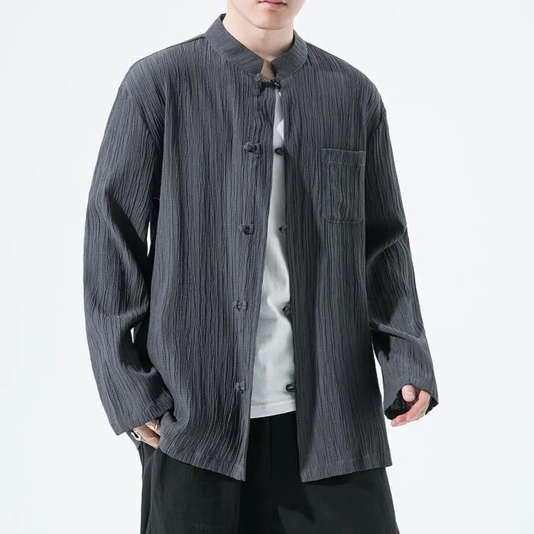 Chinese Style Men's Solid Color Cotton and Linen Retro Buckle Tang Suit Shirt Loose Blouse