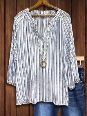 Classic Striped Print Puff Sleeve Blouse