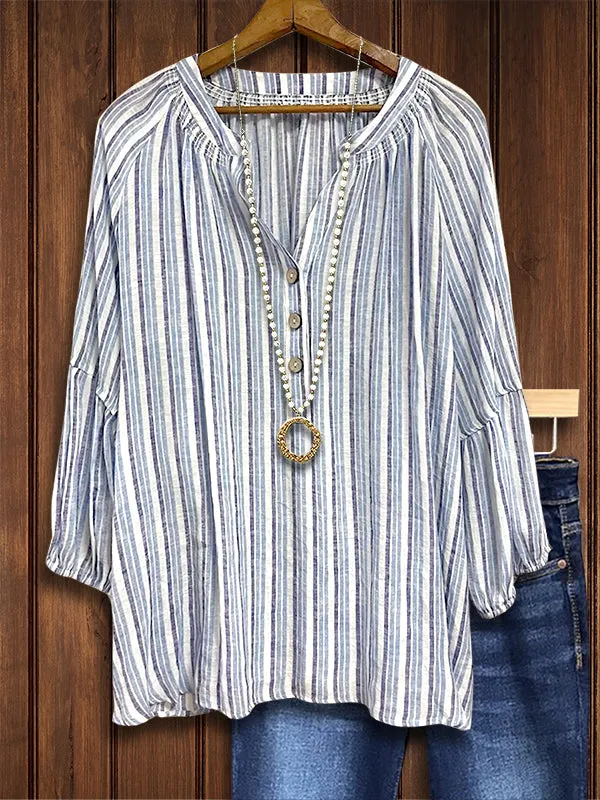 Classic Striped Print Puff Sleeve Blouse