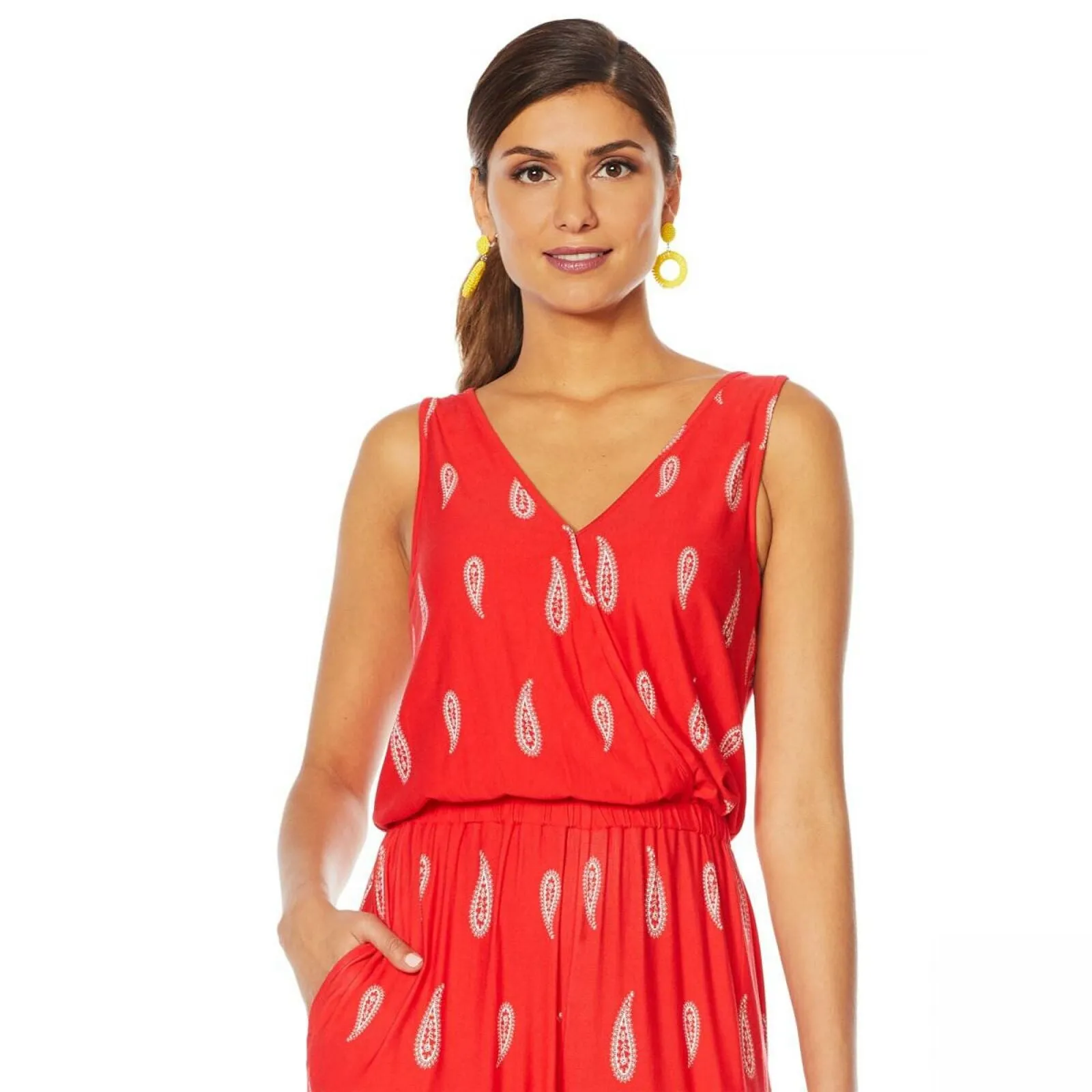 Curations Women's Printed Wide Leg Sleeveless Knit Jumpsuit