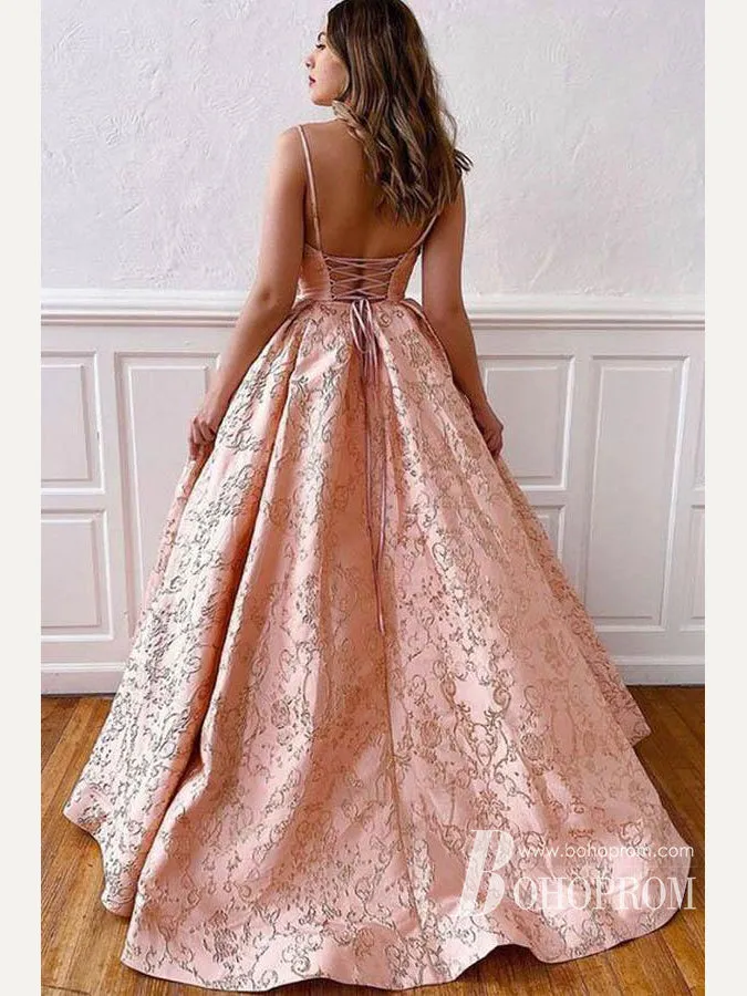 Delicate Jacquard Brocade Satin Spaghetti Straps Sweep Train Prom Dresses PD756