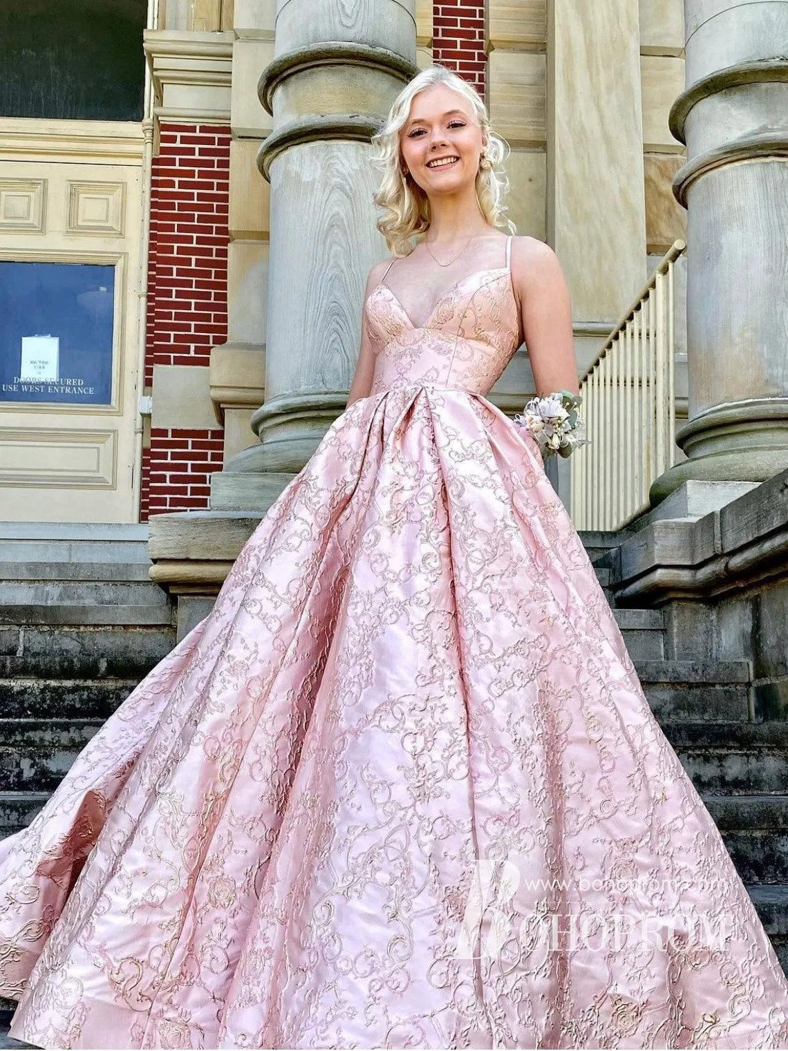 Delicate Jacquard Brocade Satin Spaghetti Straps Sweep Train Prom Dresses PD756