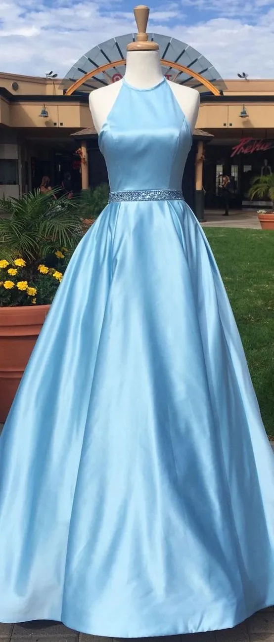 Elegant Satin Halter Neckline Floor-length A-line Prom Dresses With Beading PD002