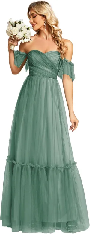 Ever-Pretty Women's Formal Dress Sweetheart Off-Shoulder Ruched Tulle Maxi Bridesmaid Dresses 50126
