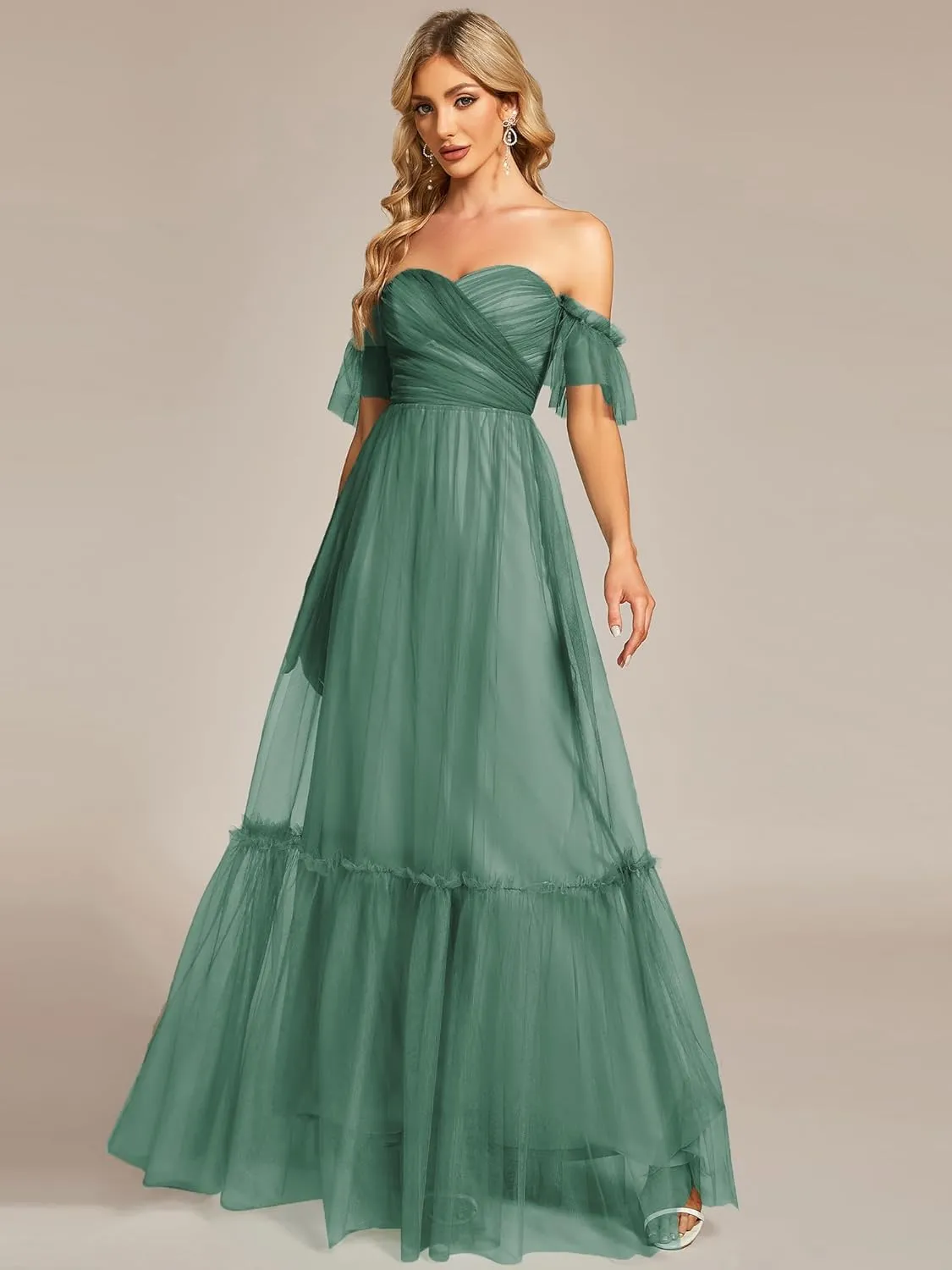 Ever-Pretty Women's Formal Dress Sweetheart Off-Shoulder Ruched Tulle Maxi Bridesmaid Dresses 50126