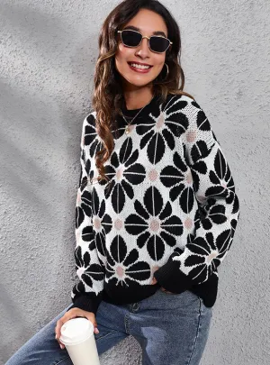 Flower Color Matching Long Sleeve Knitted Sweater