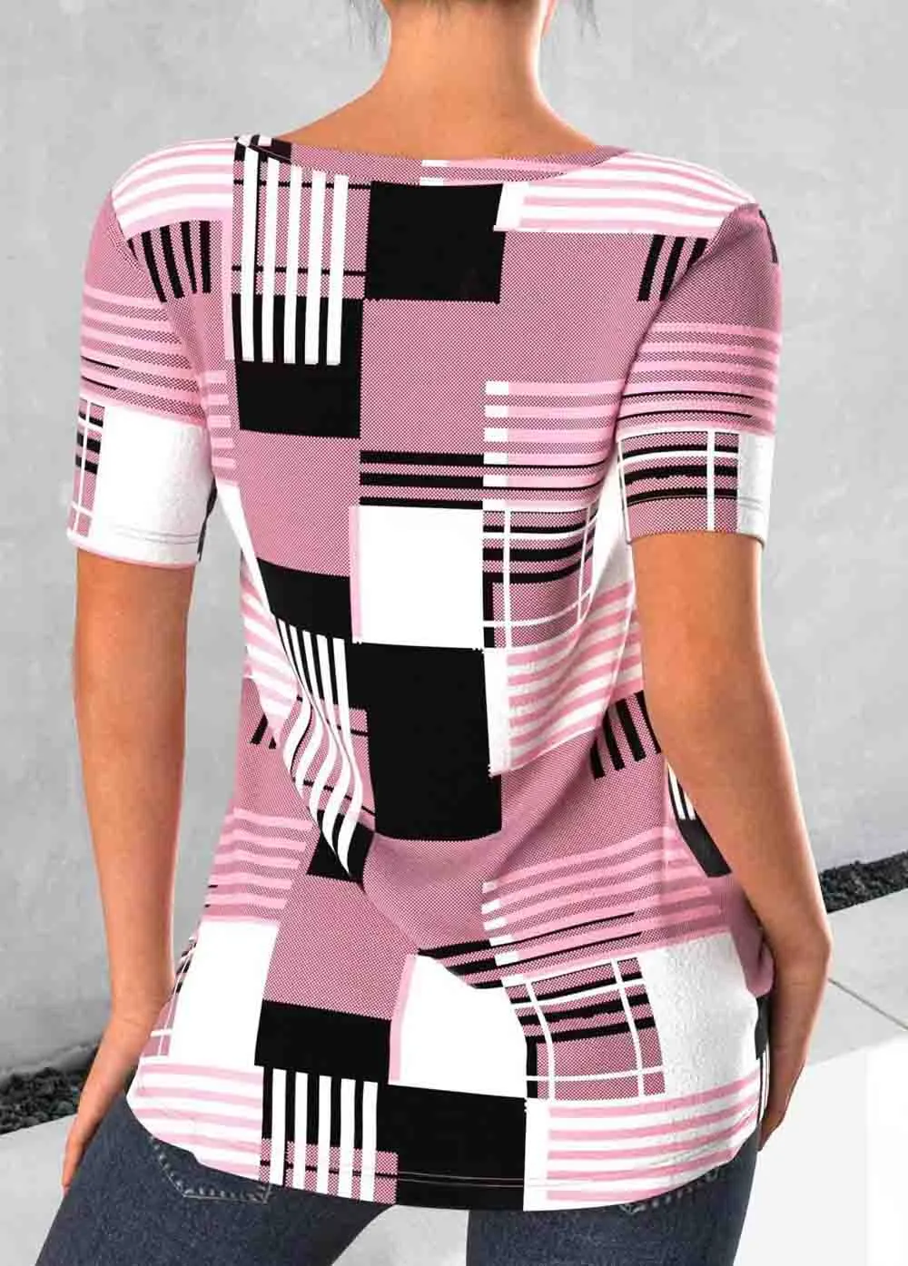 Geometric Printed Loose V Neck T-Shirt