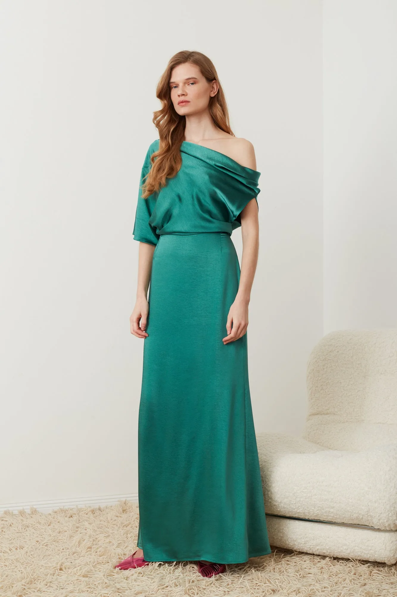 HELEN teal green satin asymmetric dress