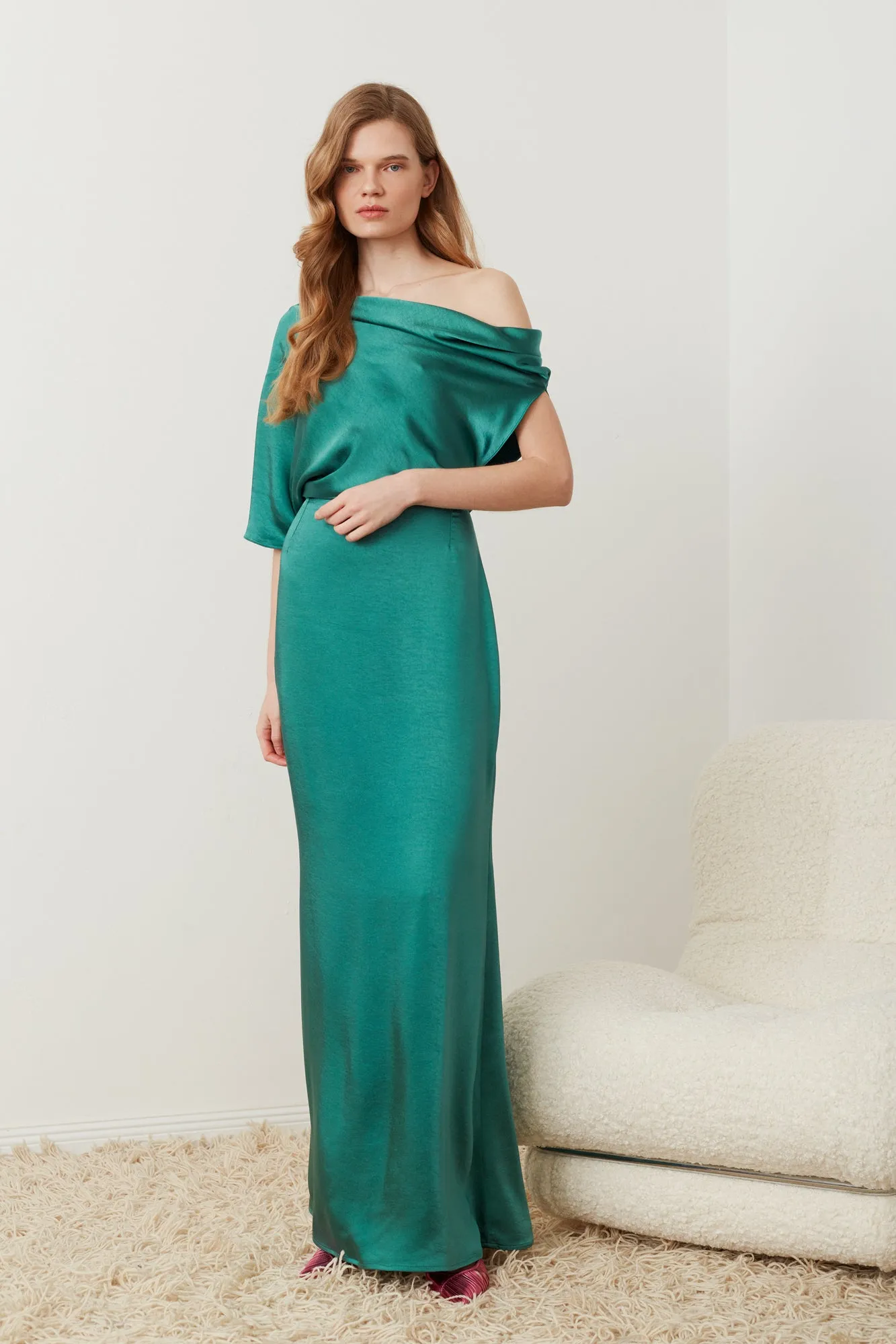 HELEN teal green satin asymmetric dress