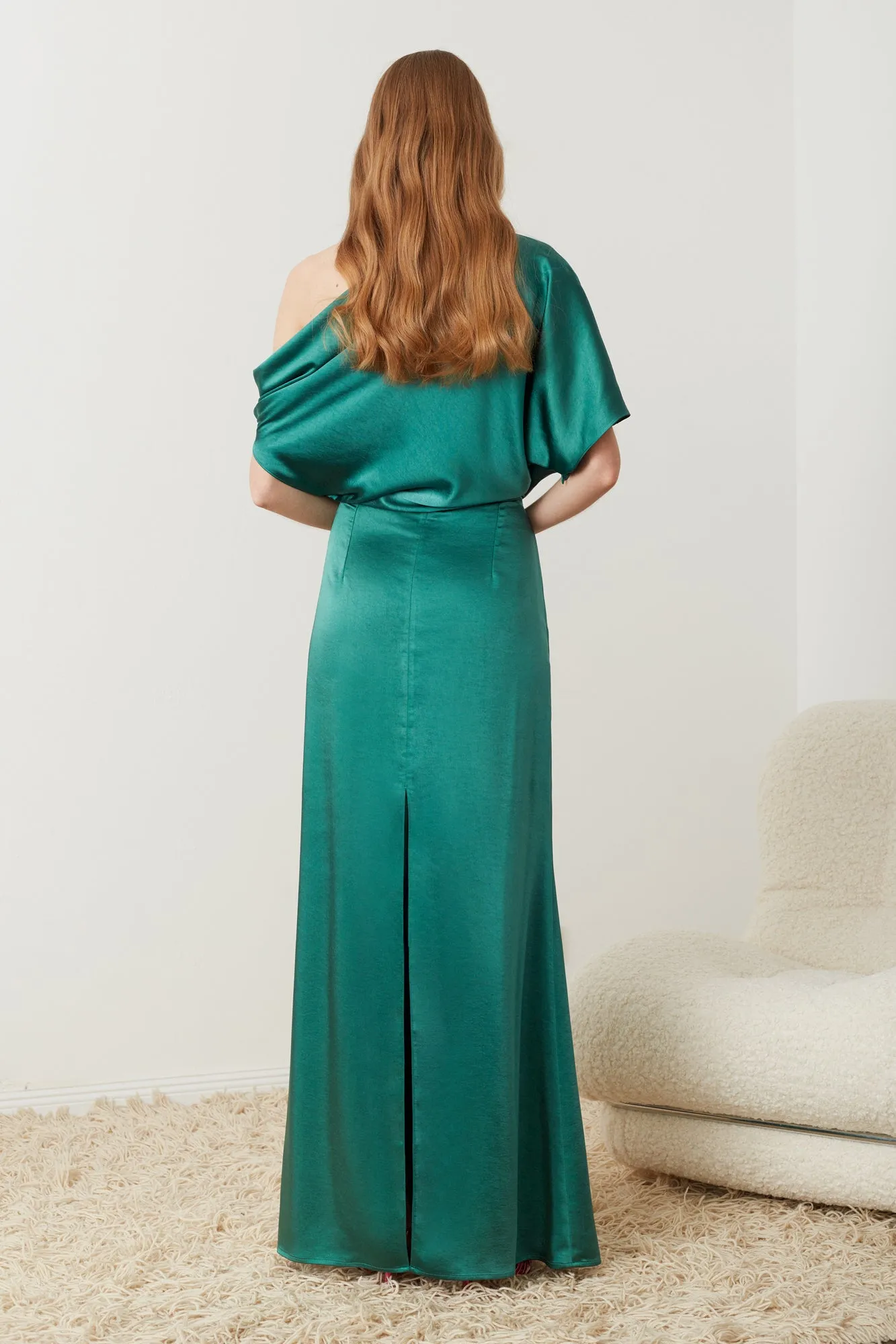 HELEN teal green satin asymmetric dress