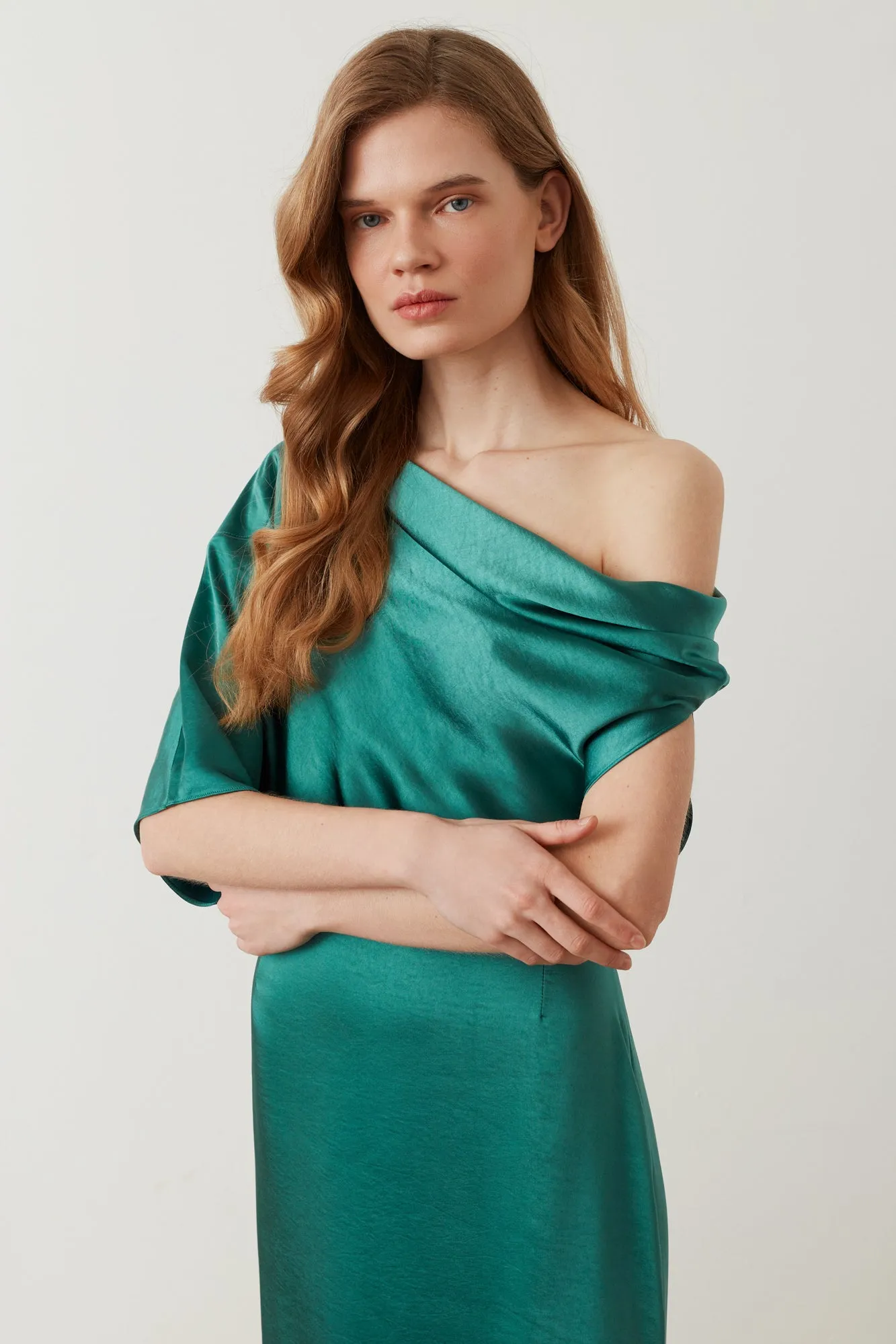 HELEN teal green satin asymmetric dress