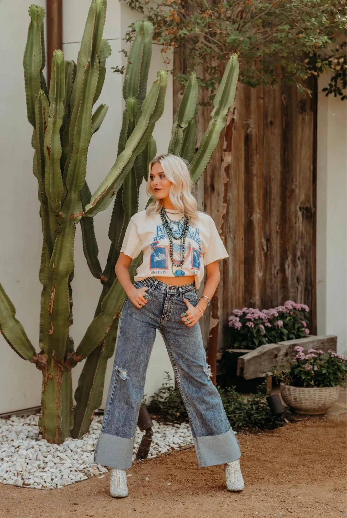 High Waisted Folded Hem Jeans