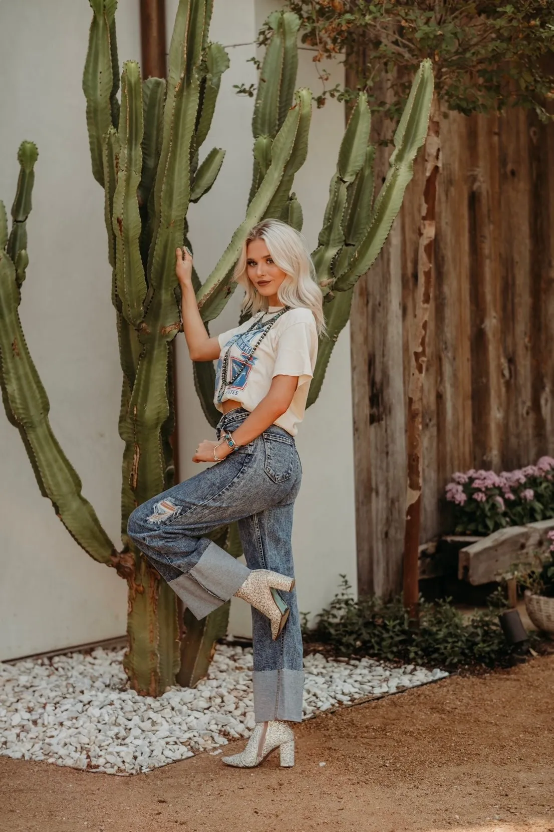 High Waisted Folded Hem Jeans