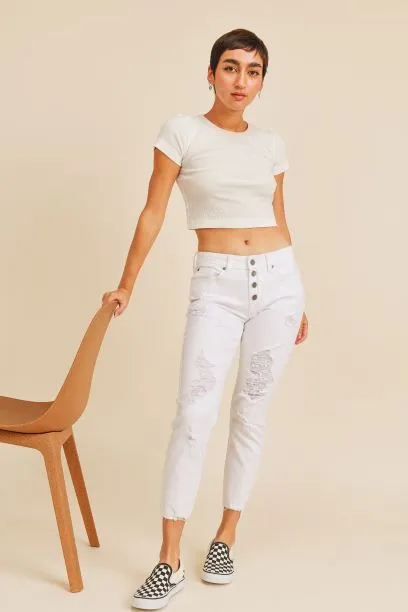 JBD Destressed White Ankle Skinny Boyfriend Jeans