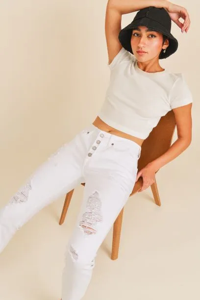 JBD Destressed White Ankle Skinny Boyfriend Jeans