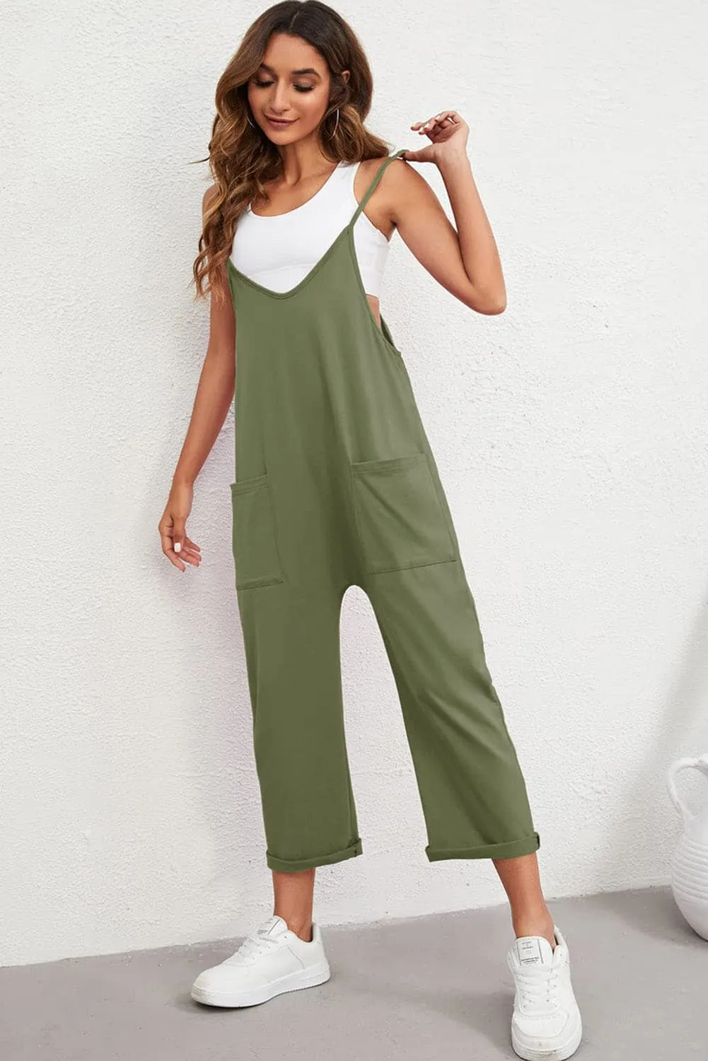 JC967 V Neck Sleeveless Strappy Jumpsuit