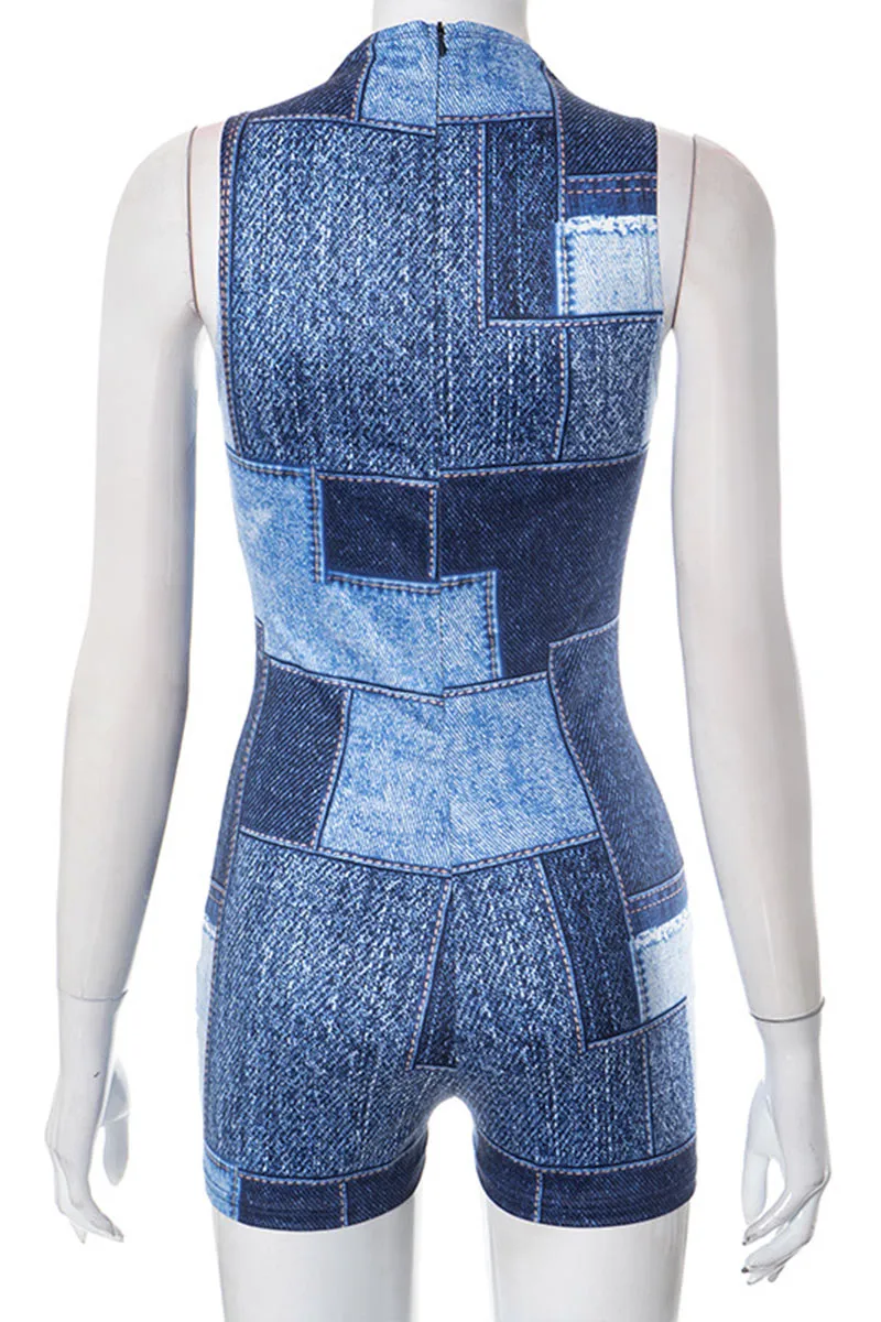 JD647 Colorblock Crew Neck Sleeveless Tank Denim Romper