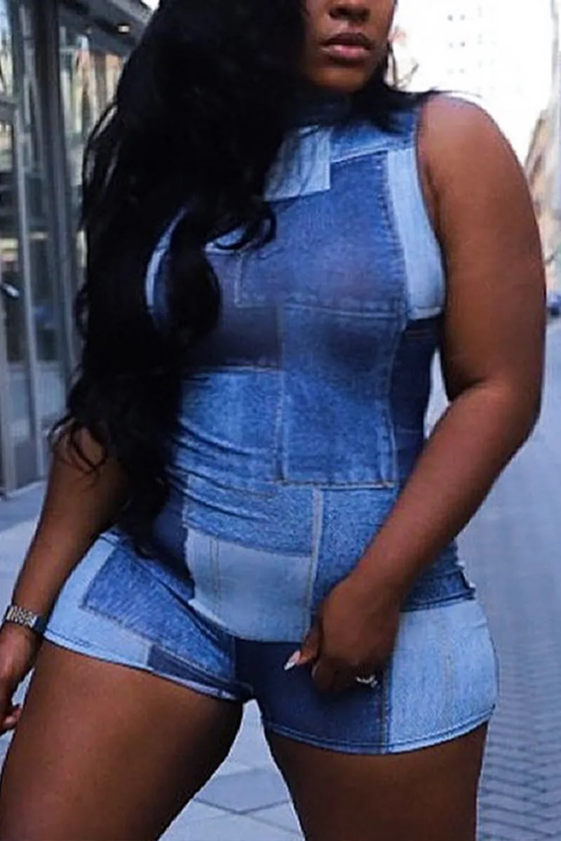 JD647 Colorblock Crew Neck Sleeveless Tank Denim Romper