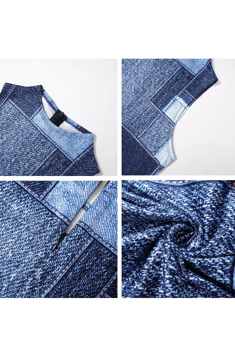 JD647 Colorblock Crew Neck Sleeveless Tank Denim Romper