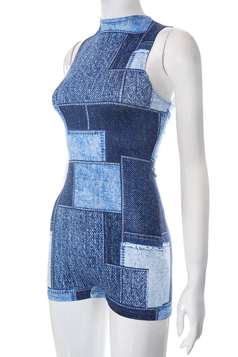 JD647 Colorblock Crew Neck Sleeveless Tank Denim Romper